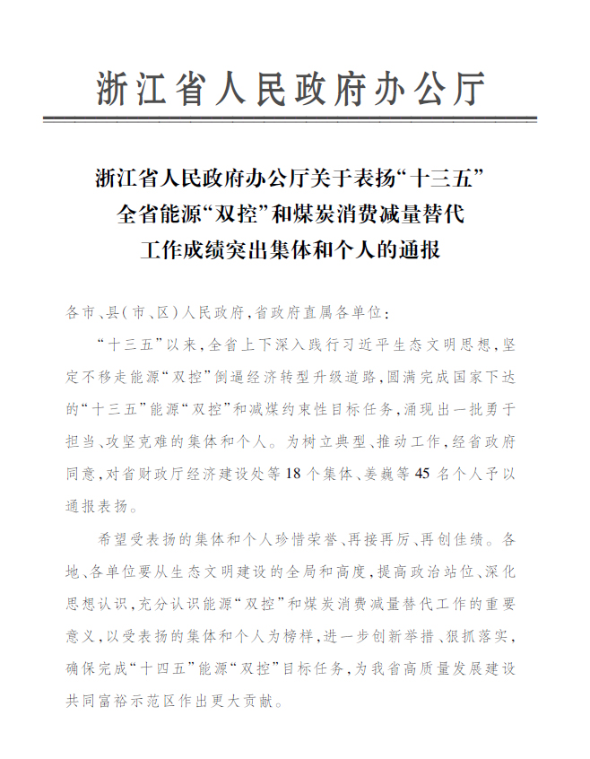 豪利777官网永嘉公司付金轩获“浙江省能源‘双控’工作成绩突出个人”表彰